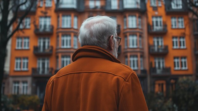 a elderly person visiting his house constrution using protection for work place he is looking the construction frow the outside of the house