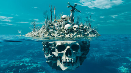 An island in ocean made from skull and bones surrounded by deep blue water.