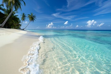 Relax on the soft white sands of a Maldivian beach, where gentle waves kiss the shore, and lush palm trees provide a perfect tropical escape on a sunny day.