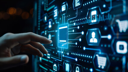 Man Interacting with Digital Screen: Touching Icon for New Technologies and E-Commerce