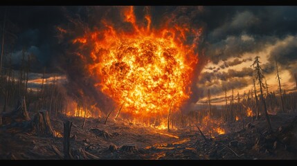 Obraz premium A massive fireball explodes, sending fiery debris into the stormy sky, illuminating charred surroundings.