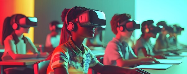 Diverse Students Using Virtual Reality Headsets in Futuristic Classroom for Remote and Inclusive Learning
