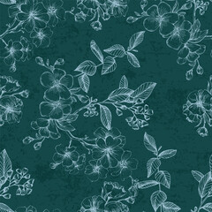 Seamless Pattern with sakura and eucalyptus. Color sketch style hand drawn background. Detailed illustration, hand drawn. Great for fabric and textile, prints, invitation, packaging © yanushkov