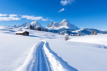 Glistening white hills stretch across the landscape, dotted with quaint huts under a stunning blue sky. Majestic peaks rise in the distance, inviting adventure.