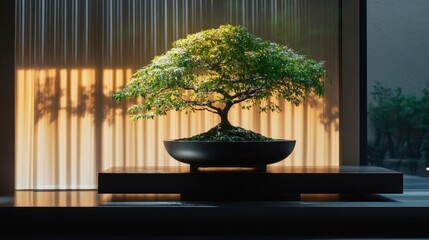 Green bonsai tree in a sleek black pot, illuminated under dramatic lighting, with clear window light adding a subtle glow
