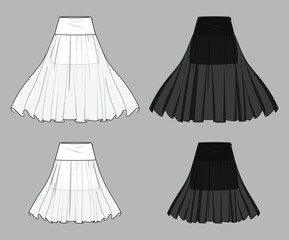 Vector layered midi skirt fashion CAD, woman tulle flared skirt with gathering technical drawing, template, flat, sketch. 2 pcs set of mesh skirt with front, back view, white black