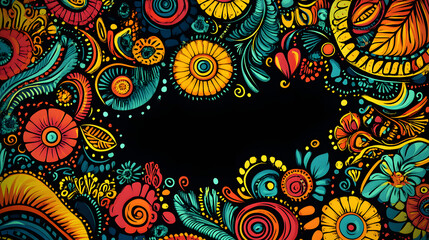 Fototapeta premium Colorful abstract doodle pattern with Indian influence on black background, abstract, doodle, pattern, Indian, vibrant