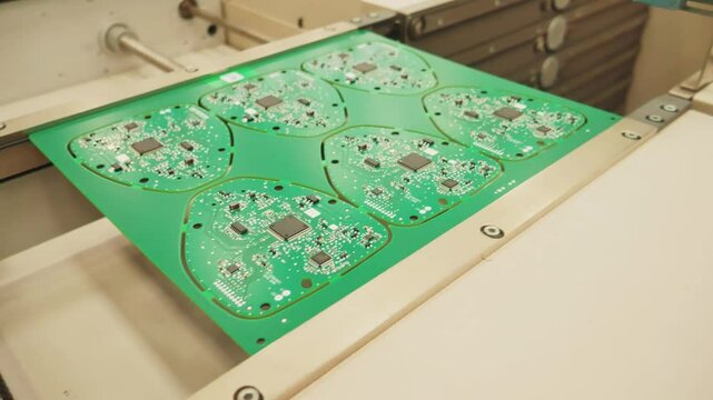 Circuit boards move through machine at technological plant, close view