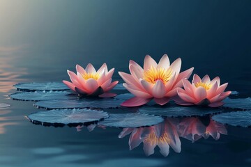 Three pink water lilies with yellow centers float on calm blue water with lily pads and reflections.