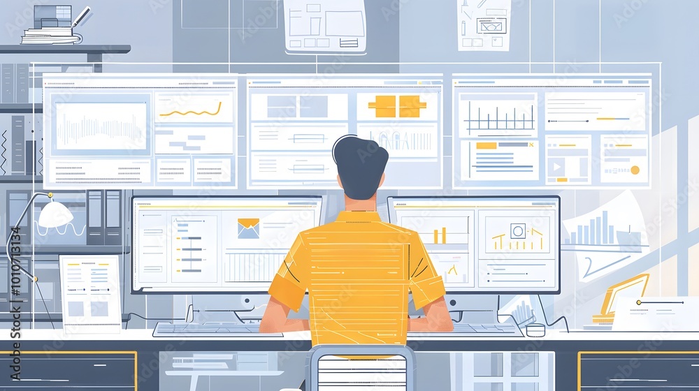 Poster a high-tech workspace featuring various low-fidelity wireframes, focusing on layout and structure, w