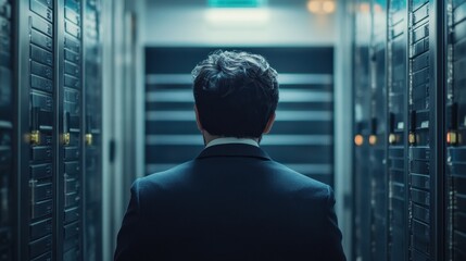 Cybersecurity Expert Navigating Server Racks in Data Center