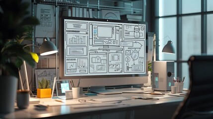 A high-tech workspace featuring various low-fidelity wireframes, focusing on layout and structure, with simplified UI elements and annotations for planning and testing