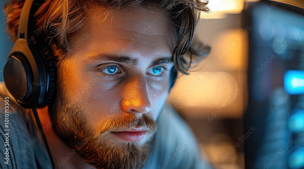 Aufkleber Software developer in a call with a client.