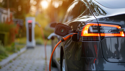 Naklejka premium Modern electric car charging from station outdoors