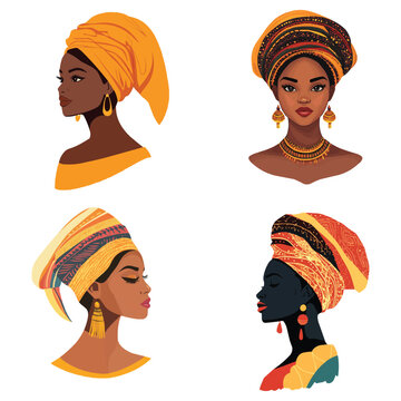 Collection of African woman portrait with traditional headwear vector illustration in a clip art style