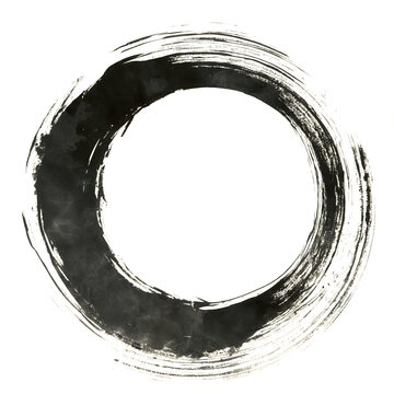 Black ink circle stroke on white background representing simplicity and balance. The brushstroke conveys motion and zen, creating a minimalist and meditative artwork