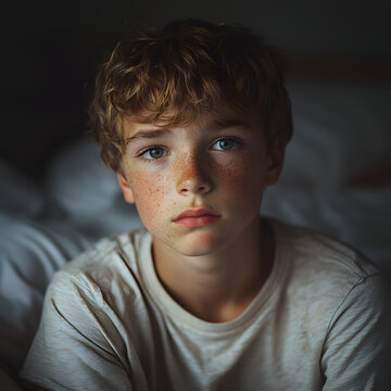 Portrait doux d'un gar&ccedil;on avec des taches de rousseur.
Portrait intimiste capturant une expression &agrave; la fois s&eacute;rieuse et contemplative. Eclairage doux