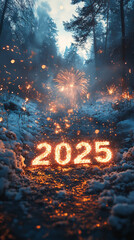 sparkling 2025 new year's eve fireworks in snowy forest path