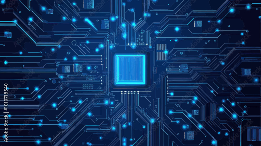 Poster abstract ai circuit board with blue connected technology lines and electronics elements, digital com
