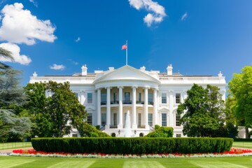 Obraz premium The stunning architecture of the White House is accentuated by a deep blue sky and lush greenery, creating a serene yet powerful atmosphere that captivates visitors and citizens alike.