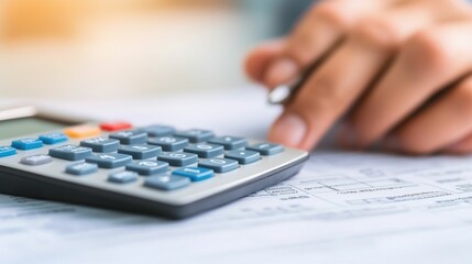 Close up of a hand holding a calculator on a desk with various tax forms and documents spread out  This image represents the financial accuracy calculation