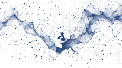 Obraz premium Abstract European Continent Connected Dots and Lines Vector Map with Starry Universe Background, Minimalistic Flat SVG Art, Modern Technology Network Illustration