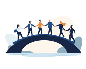 Business Team Cooperation: Vector Image of Professionals Building Bridge Together for Teamwork and Successful Collaboration in Minimalist Style