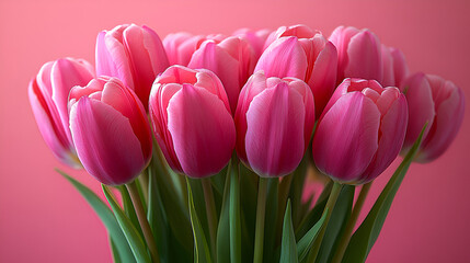 Fototapeta premium Beautiful composition spring flowers. Bouquet of pink tulips flowers on pastel pink background. Valentine's Day, Easter, Birthday, Happy Women's Day, Mother's Day. Flat lay, top view, copy space
