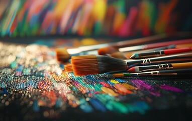 Fototapeta premium Art supplies including paintbrushes, watercolors, and sketchbook, creativity theme, 3D illustration