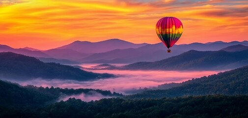 Fototapeta premium Balloon drifting over fog-covered mountains, vibrant sky, serene adventure, peaceful landscape exploration