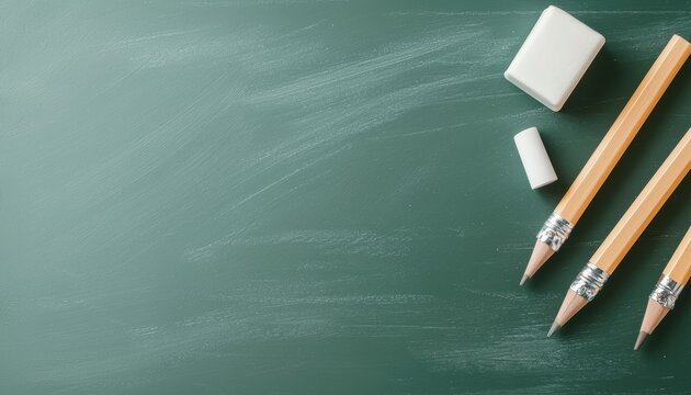 Blackboard with chalk, eraser, and school supplies on the side, education theme, 3D illustration