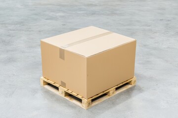 Cardboard box on pallet in modern warehouse, focus on shipping and delivery process, industrial logistics