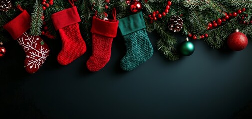 Christmas stockings hanging in a line, festive garland with baubles, red and green holiday decorations, cozy seasonal decor