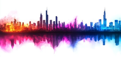 Naklejka premium City skyline with tall glass buildings, seamless reflections, sleek and futuristic urban development, corporate elegance