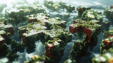 Fototapeta premium A landscape made of puzzle pieces stretches infinitely, with some floating above and others firmly embedded in the ground, creating an abstract, endless world.