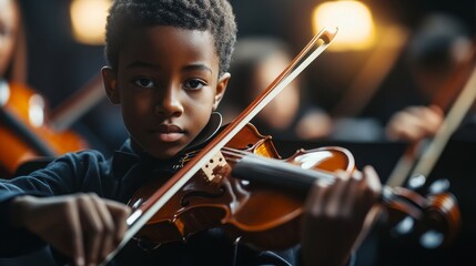 Fototapeta premium Talented African-American Boy Playing Violin in Orchestra with Intense Focus and Dramatic Lighting