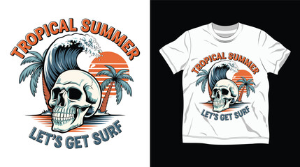 Fototapeta premium Retro Tropical Summer Skull Illustration with Surfing Theme T Shirt Design, Palm Trees, and Bold Typography T Shirt Design