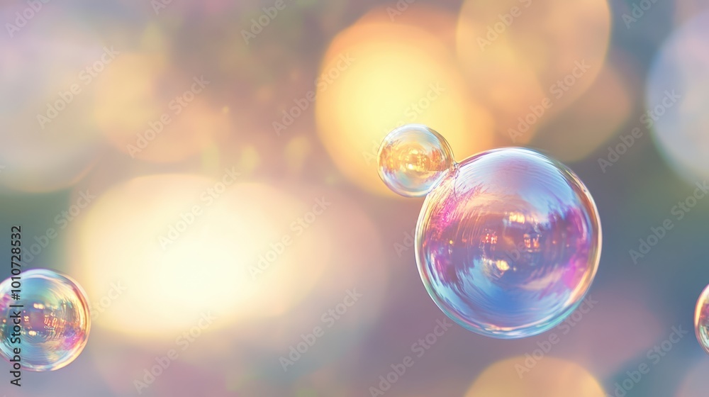 Wall mural seamless pattern of transparent bubbles floating over a vibrant rainbow-colored background, creating