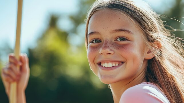 Joyful Caucasian girl ready to throw javelin under natural outdoor lighting