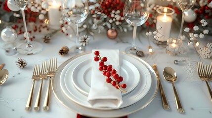 A table with a white tablecloth and a red napkin with berries on it. Christmas celebration or party dinner setting background.