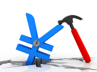 3d illustration Yen Symbol with hammer

