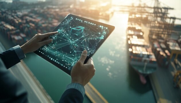 Businessman holding a virtual interface panel displaying a global logistics network for distribution and transportation at a container cargo ship harbor. This image represents smart logistics