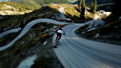 Thrilling downhill skateboarding adventure through breathtaking mountain trails in stunning natural landscapes. Generative AI