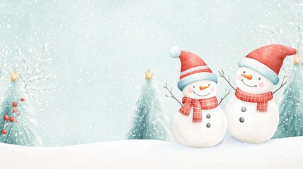 Fototapeta premium Two cheerful snowmen dressed in festive hats and scarves, surrounded by snow and pine trees, creating a joyful winter scene.