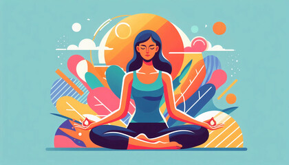 Obraz premium A serene and colorful stylized illustration of a woman meditating in a lotus pose, surrounded by abstract shapes representing calmness and peace