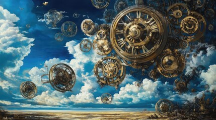 Obraz premium Gigantic clockwork mechanisms fill the sky, slowly rotating over a vast horizon, their steady ticking and turning visible from every angle.