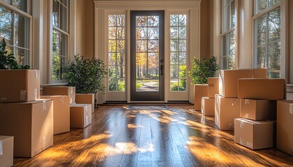 A new homeowner opening the front door for the first time, with boxes scattered across the hallway
