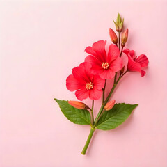Fototapeta premium Top view red natural bellflowers with green leaf on pastel colored pink background