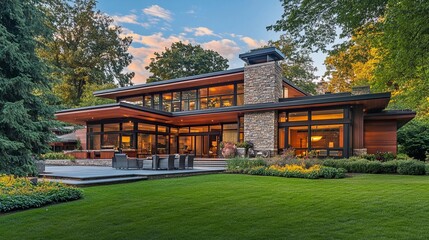 Naklejka premium Contemporary single-family home, open layout, wood and stone accents, large outdoor patio, clean lines, spacious yard, natural surroundings