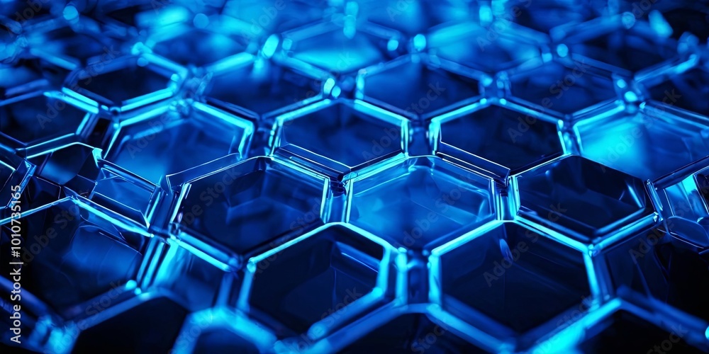 Poster a blue background with a pattern of hexagons